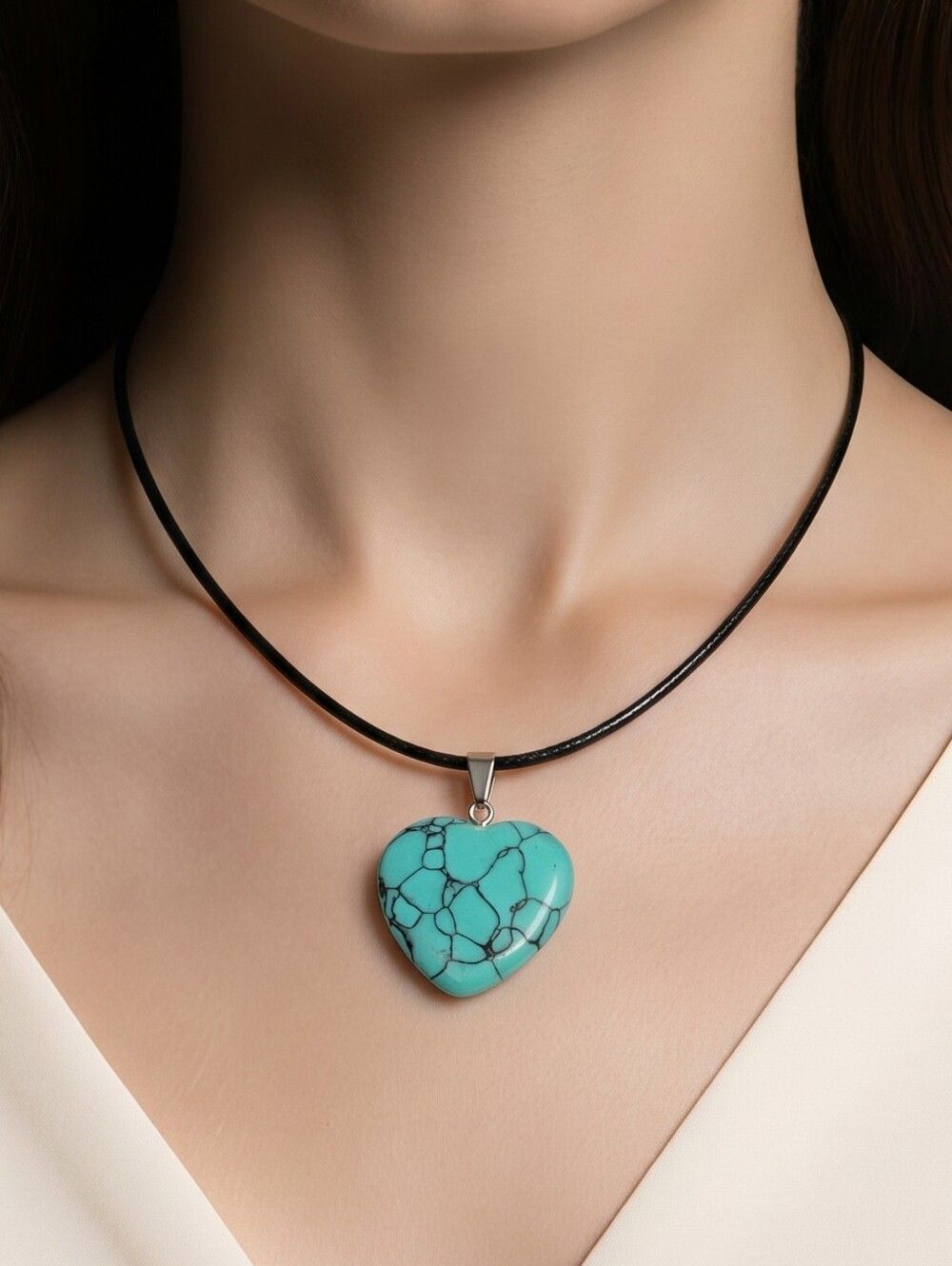 African Turquoise Stone Heart Pendant Necklace Adjustable Wax Cord Crystal Boho